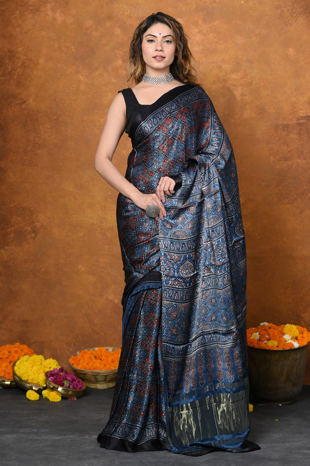 Very Much Indian Handloom Modal Silk Saree With Ajrakh Handblock Print With Eco-Friendly Vegetable Dye - Blue | Swadesiicart