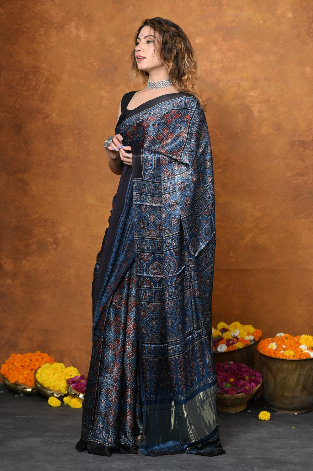 Very Much Indian Handloom Modal Silk Saree With Ajrakh Handblock Print With Eco-Friendly Vegetable Dye - Blue | Swadesiicart