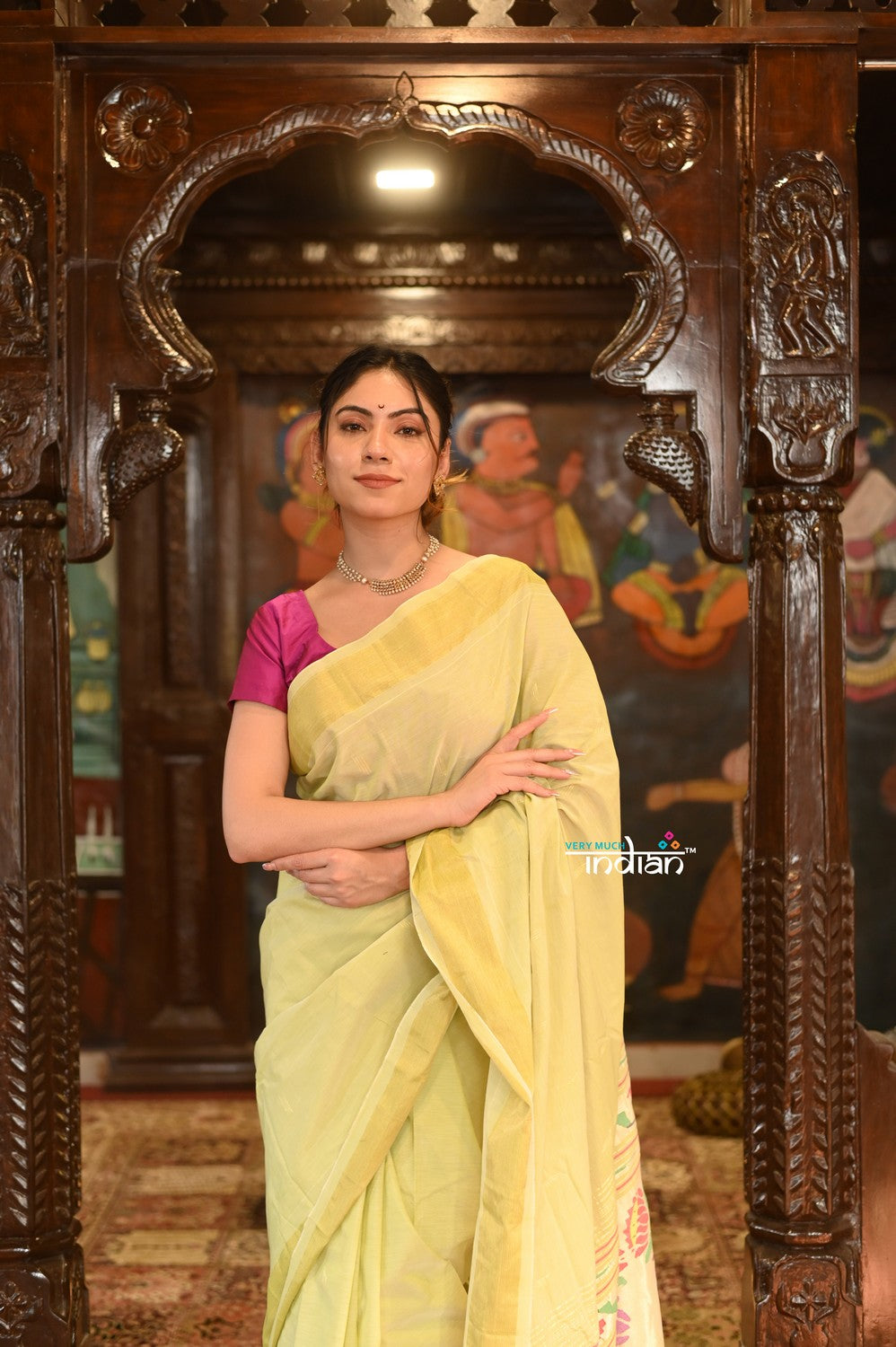 Very Much Indian Authentic Handloom Pure Cotton Paithani with Handcrafted Asawali Pallu - Lime Yellow | Swadesiicart