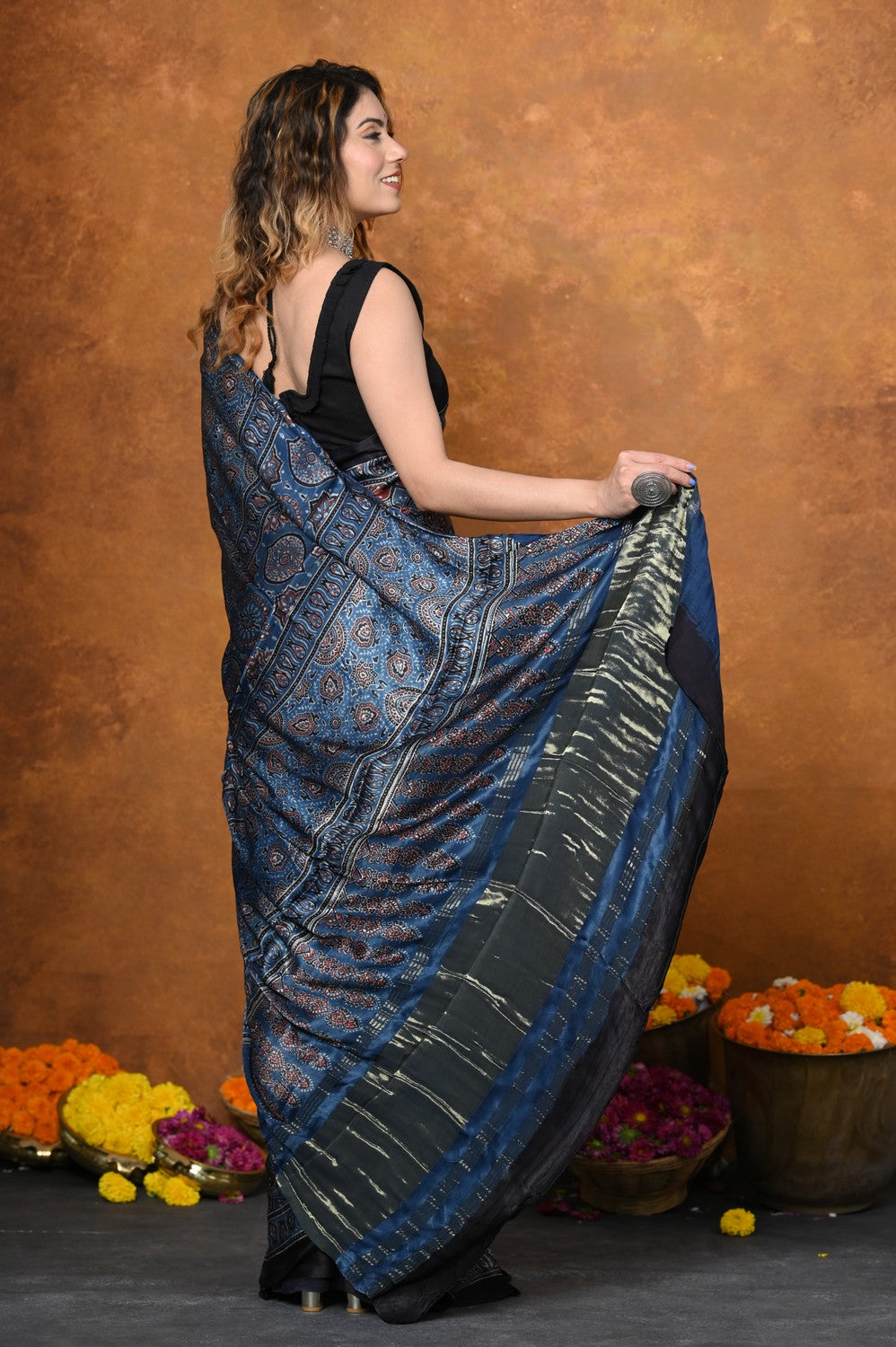 Very Much Indian Handloom Modal Silk Saree With Ajrakh Handblock Print With Eco-Friendly Vegetable Dye - Blue | Swadesiicart