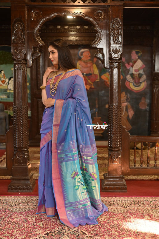 Very Much Indian Authentic Handloom Pure Cotton Paithani with Handcrafted Lotus Pallu - Dual Tone Purple and Pink | Swadesiicart