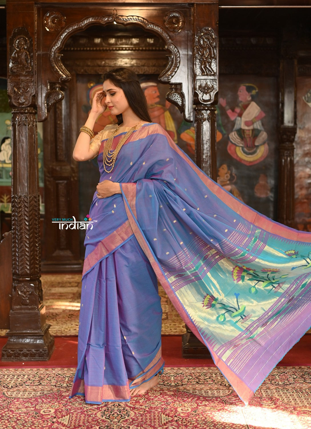 Very Much Indian Authentic Handloom Pure Cotton Paithani with Handcrafted Lotus Pallu - Dual Tone Purple and Pink | Swadesiicart