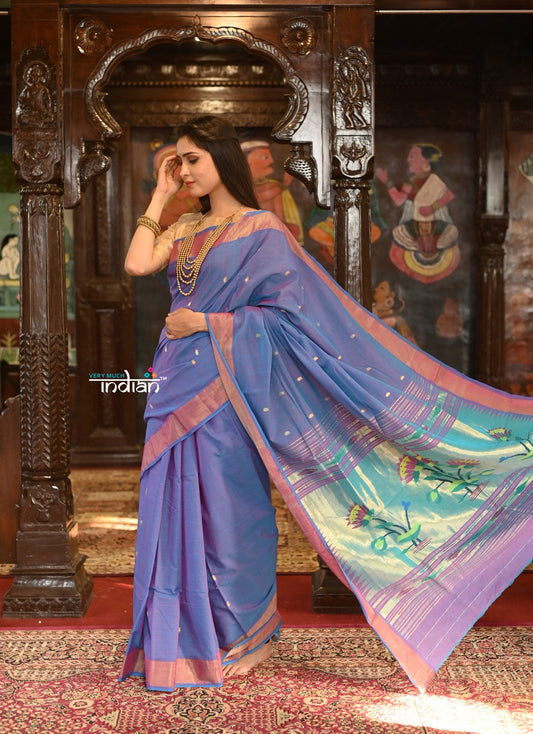 Very Much Indian Authentic Handloom Pure Cotton Paithani with Handcrafted Lotus Pallu - Dual Tone Purple and Pink | Swadesiicart