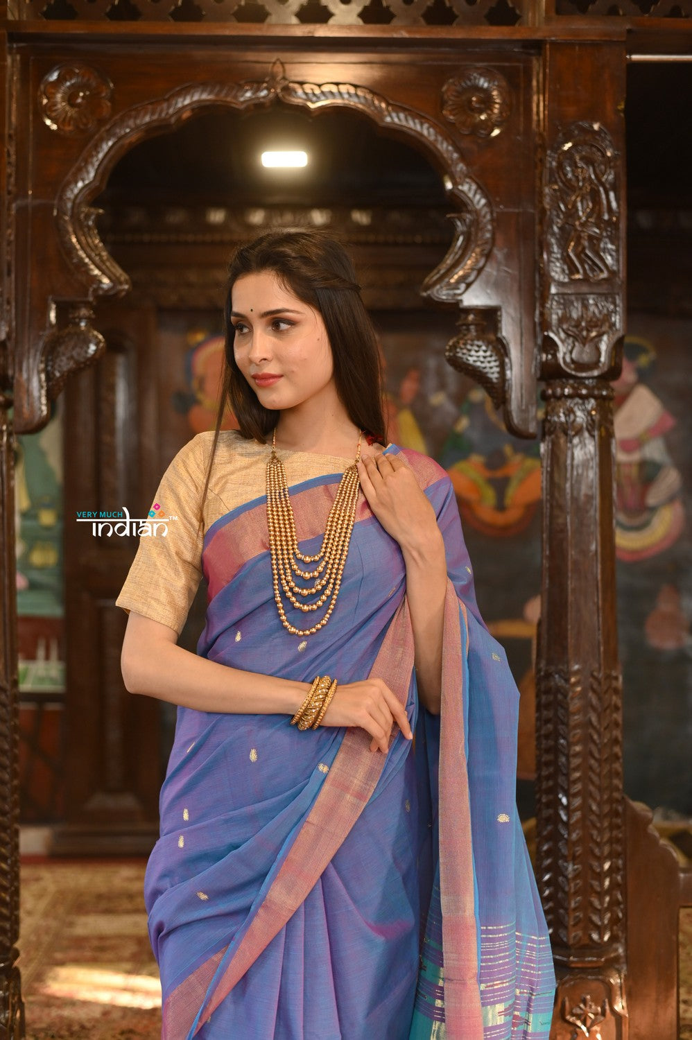 Very Much Indian Authentic Handloom Pure Cotton Paithani with Handcrafted Lotus Pallu - Dual Tone Purple and Pink | Swadesiicart