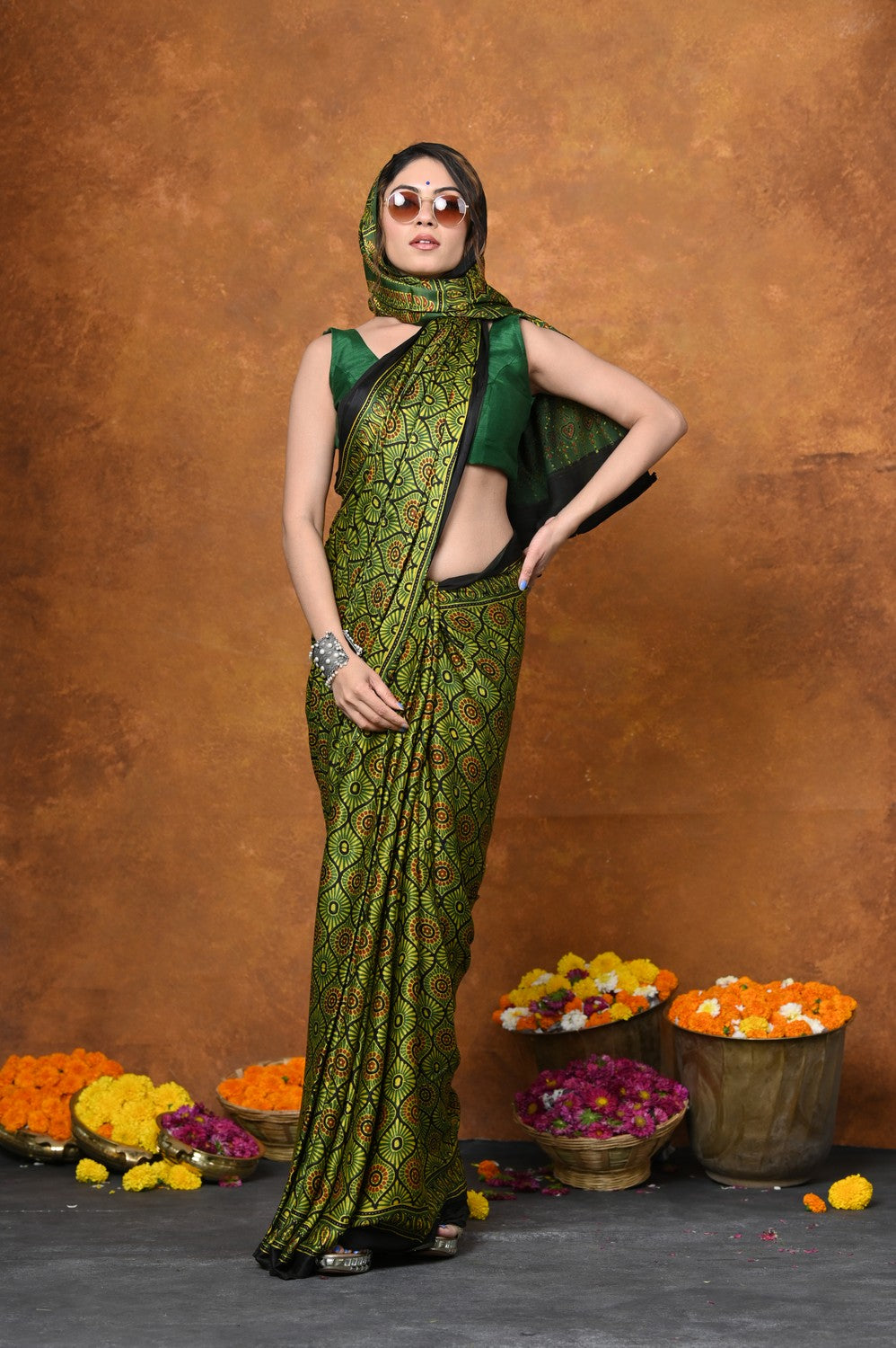 Very Much Indian Handloom Modal Silk Saree With Ajrakh Handblock Print With Eco-Friendly Vegetable Dye - Green | Swadesiicart