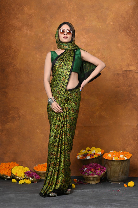 Very Much Indian Handloom Modal Silk Saree With Ajrakh Handblock Print With Eco-Friendly Vegetable Dye - Green | Swadesiicart
