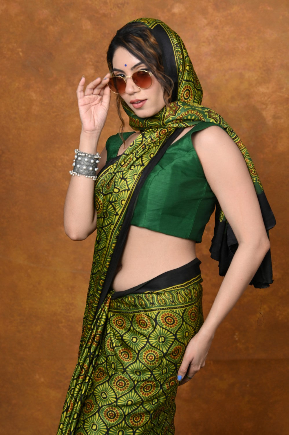 Very Much Indian Handloom Modal Silk Saree With Ajrakh Handblock Print With Eco-Friendly Vegetable Dye - Green | Swadesiicart