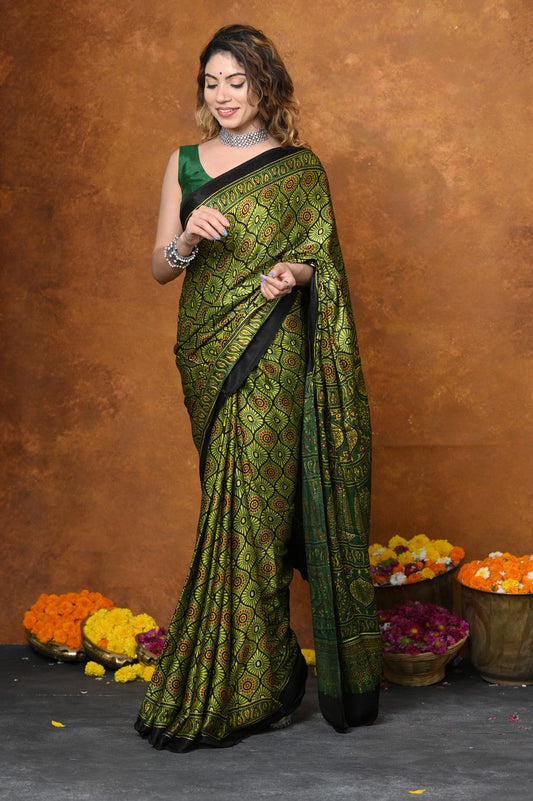 Very Much Indian Handloom Modal Silk Saree With Ajrakh Handblock Print With Eco-Friendly Vegetable Dye - Green | Swadesiicart