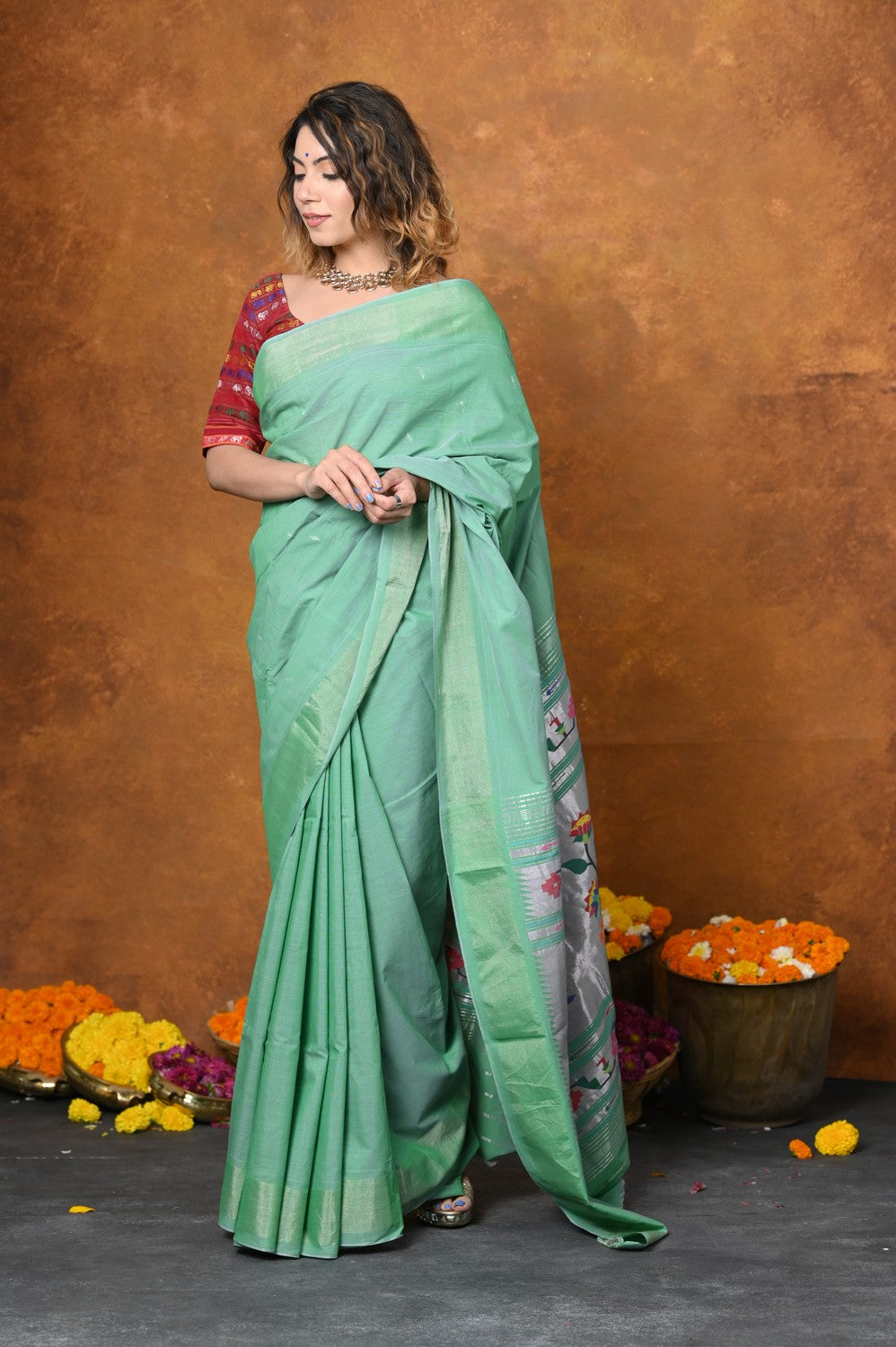 Very Much Indian EXCLUSIVE! Handloom Pure Cotton Paithani With Asawali Pallu - Sea Green | Swadesiicart