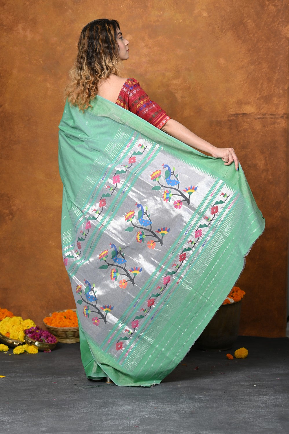 Very Much Indian EXCLUSIVE! Handloom Pure Cotton Paithani With Asawali Pallu - Sea Green | Swadesiicart