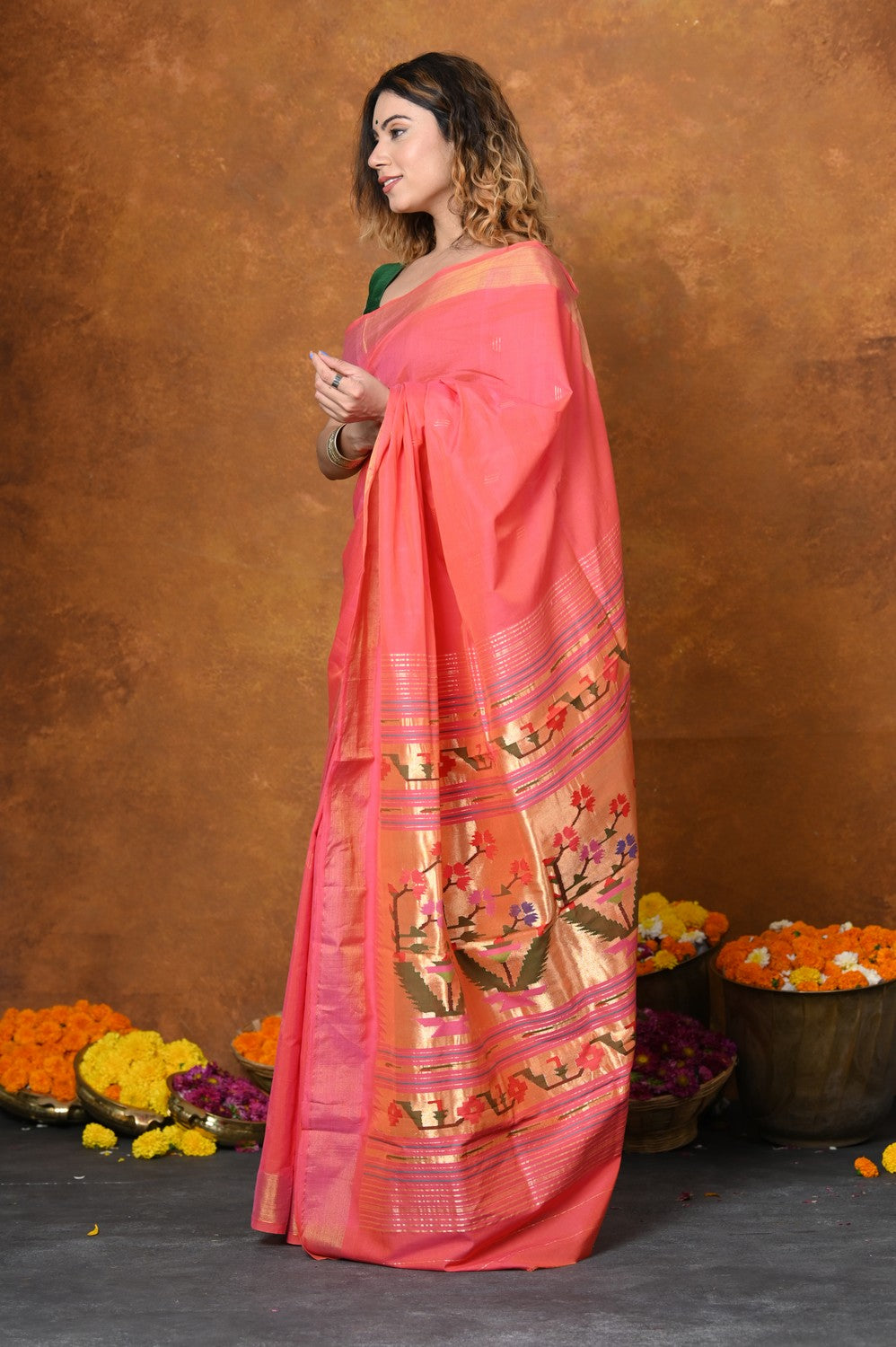 Very Much Indian EXCLUSIVE! Handloom Pure Cotton Paithani With Asawali Pallu - Pink Peach | Swadesiicart