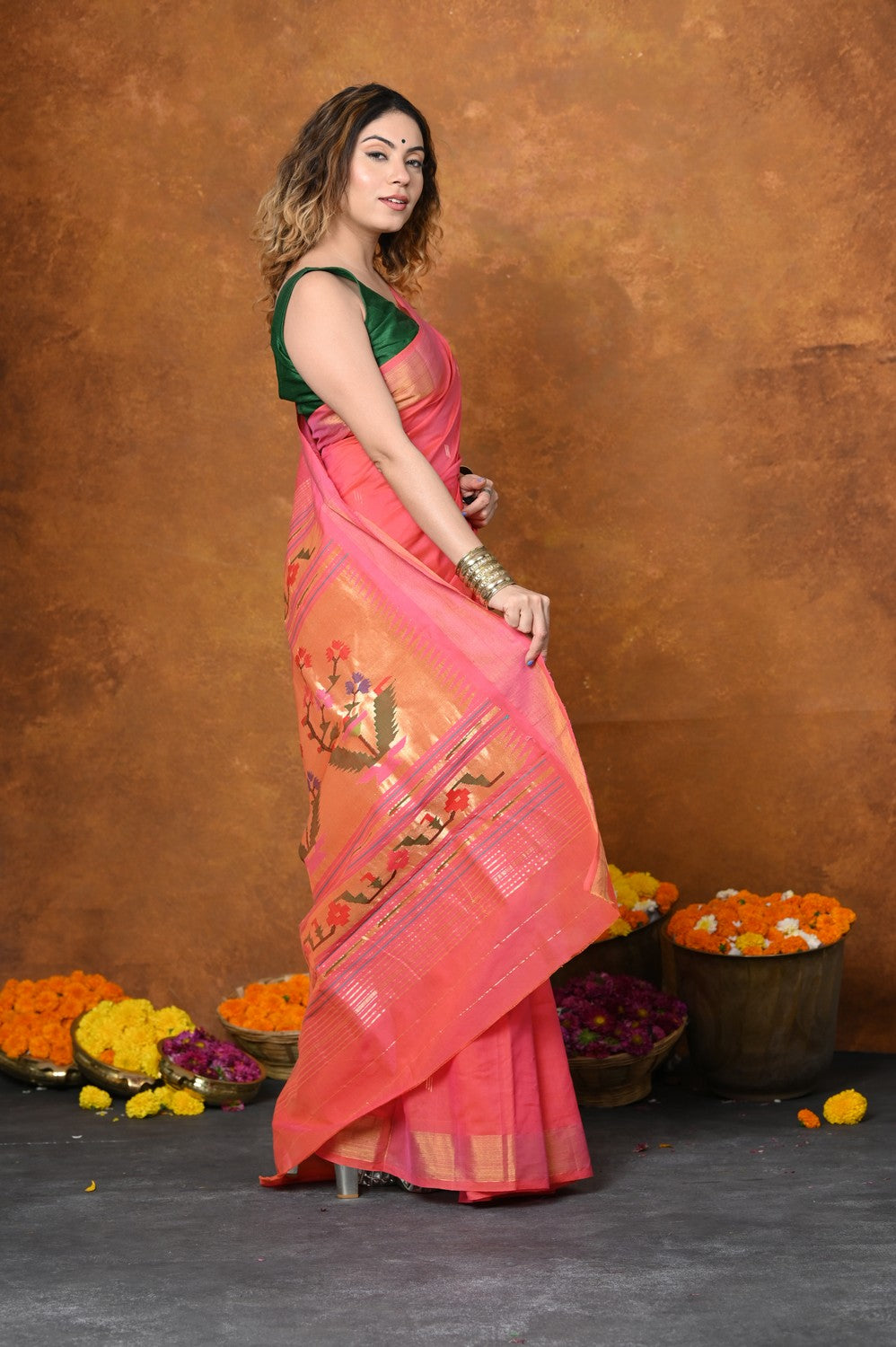 Very Much Indian EXCLUSIVE! Handloom Pure Cotton Paithani With Asawali Pallu - Pink Peach | Swadesiicart