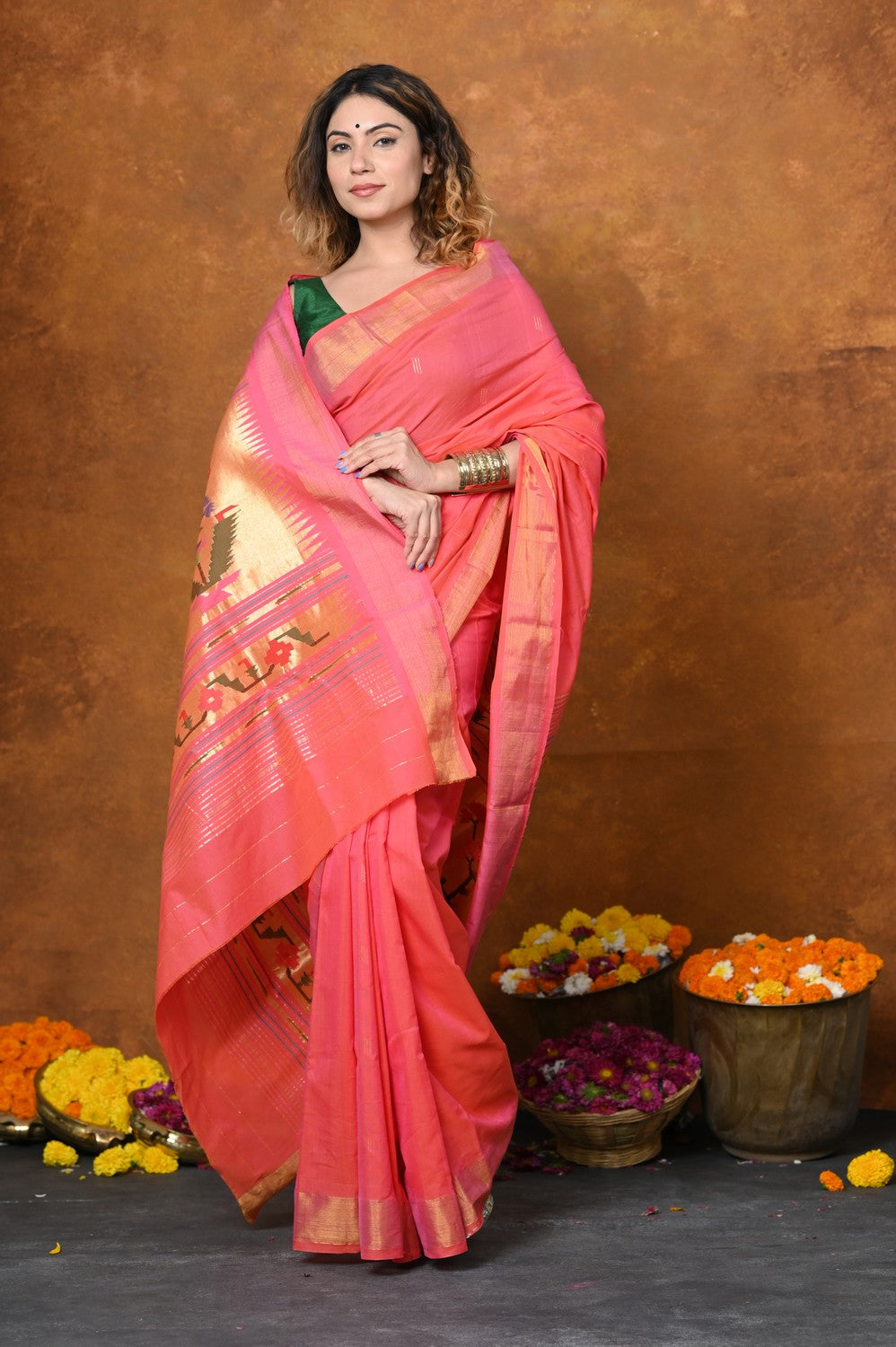 Very Much Indian EXCLUSIVE! Handloom Pure Cotton Paithani With Asawali Pallu - Pink Peach | Swadesiicart