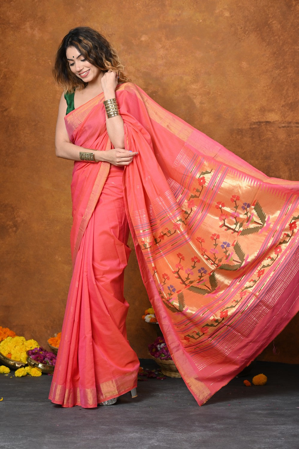 Very Much Indian EXCLUSIVE! Handloom Pure Cotton Paithani With Asawali Pallu - Pink Peach | Swadesiicart