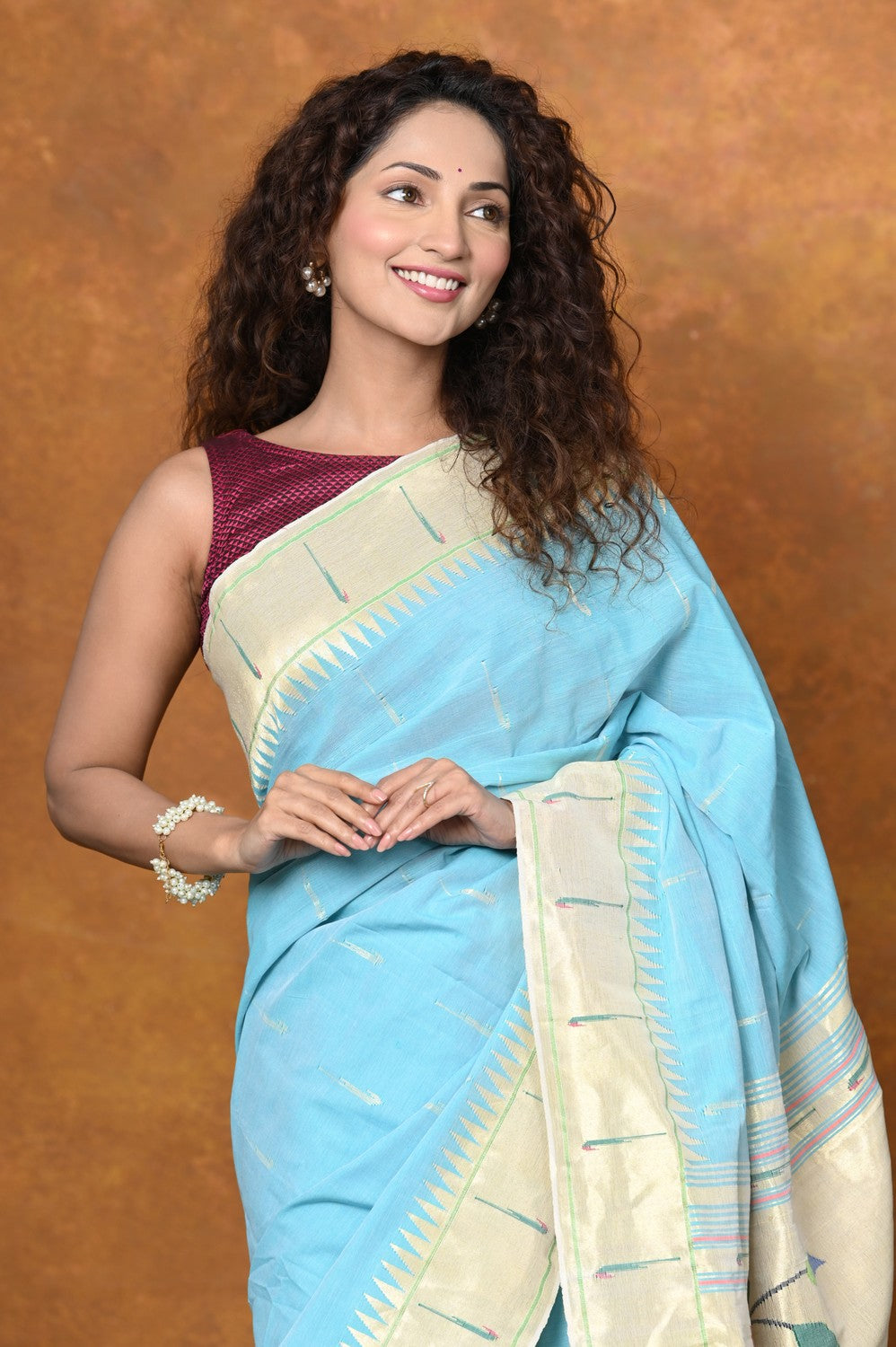 Very Much Indian Authentic Handloom Pure Cotton Paithani with Handcrafted Parrot Pallu - Sky Blue | Swadesiicart