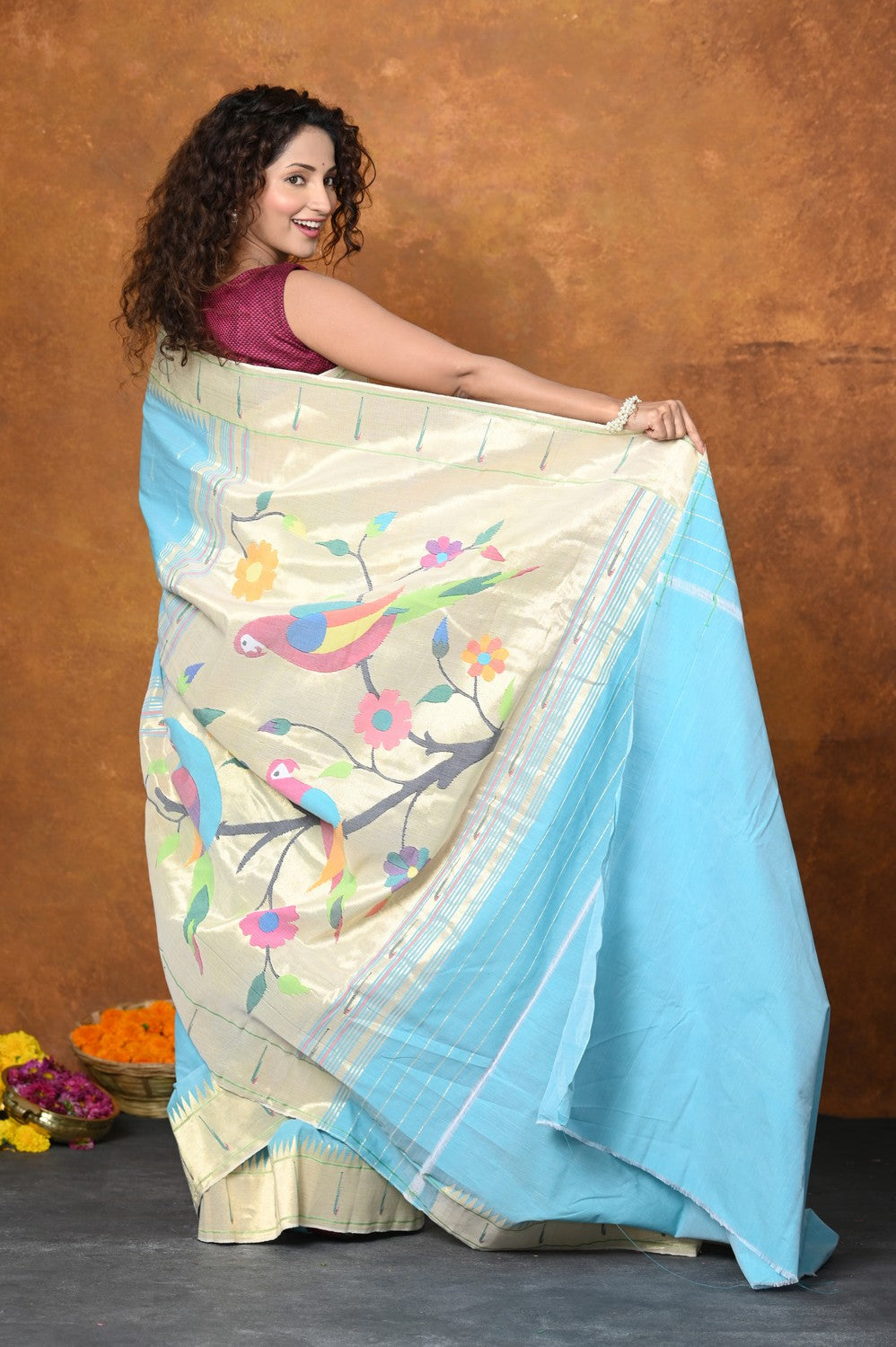 Very Much Indian Authentic Handloom Pure Cotton Paithani with Handcrafted Parrot Pallu - Sky Blue | Swadesiicart