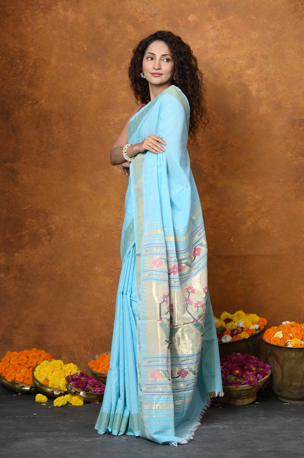 Very Much Indian EXCLUSIVE! Handloom Pure Cotton Paithani With Asawali Pallu - Sky Blue | Swadesiicart