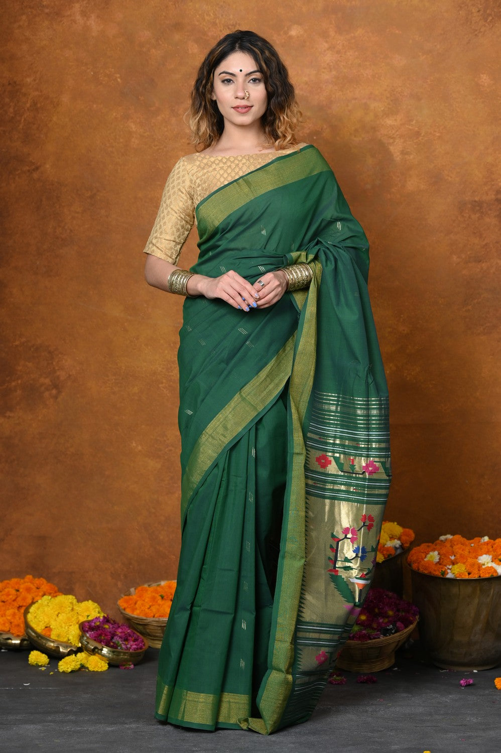 Very Much Indian EXCLUSIVE! Handloom Pure Cotton Paithani With Asawali Pallu - Dark Green | Swadesiicart