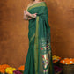 Very Much Indian EXCLUSIVE! Handloom Pure Cotton Paithani With Asawali Pallu - Dark Green | Swadesiicart