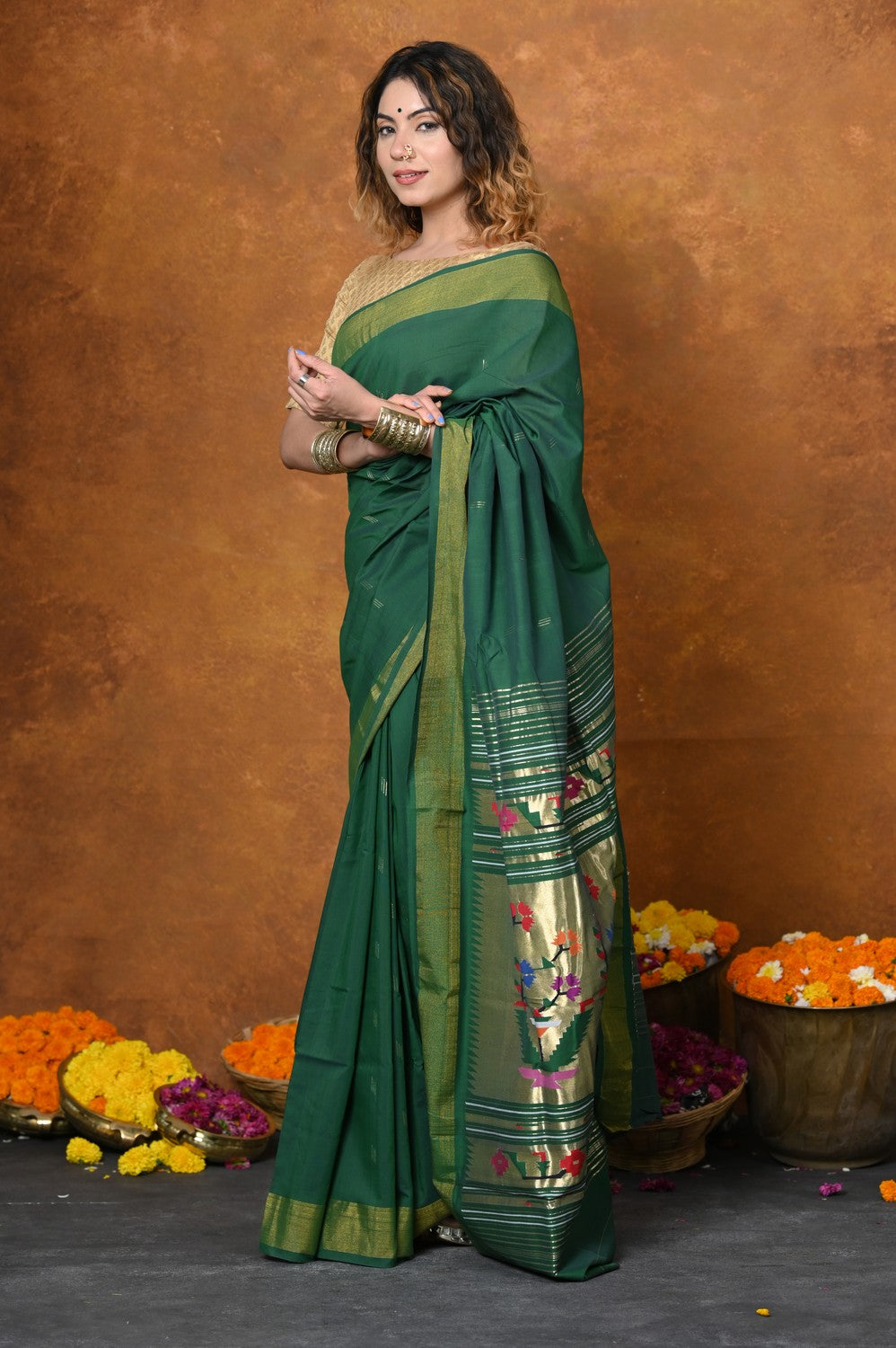 Very Much Indian EXCLUSIVE! Handloom Pure Cotton Paithani With Asawali Pallu - Dark Green | Swadesiicart