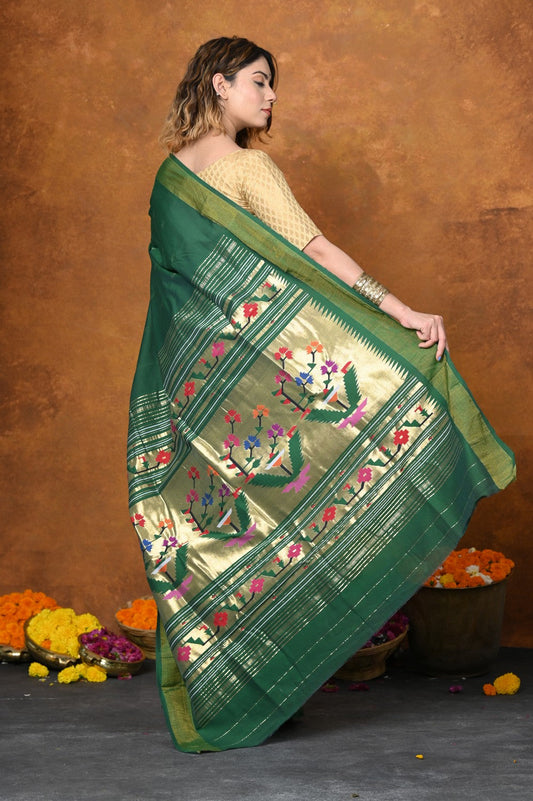 Very Much Indian EXCLUSIVE! Handloom Pure Cotton Paithani With Asawali Pallu - Dark Green | Swadesiicart