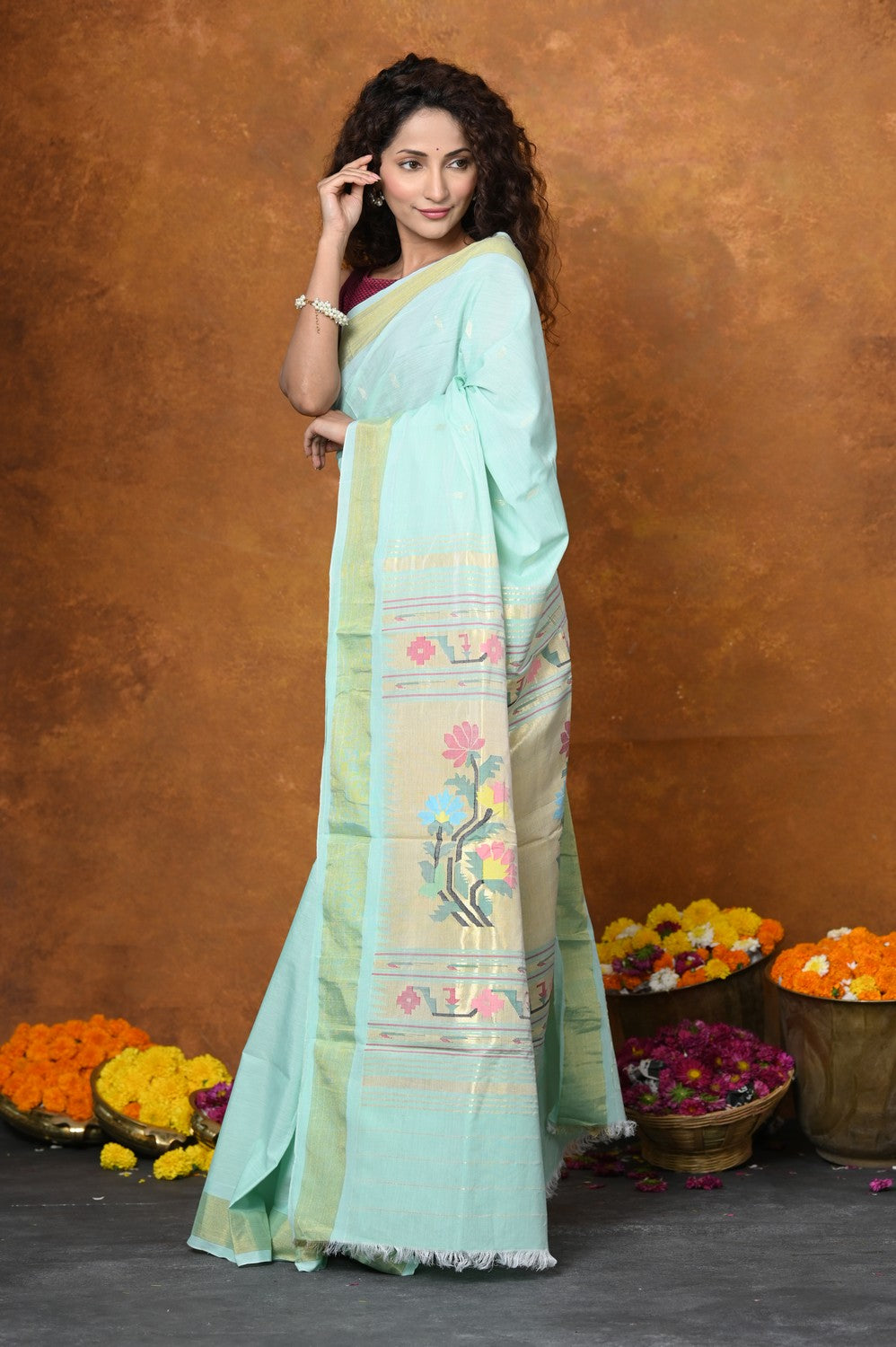 Very Much Indian EXCLUSIVE! Handloom Pure Cotton Paithani With Asawali Pallu - Light Blue | Swadesiicart