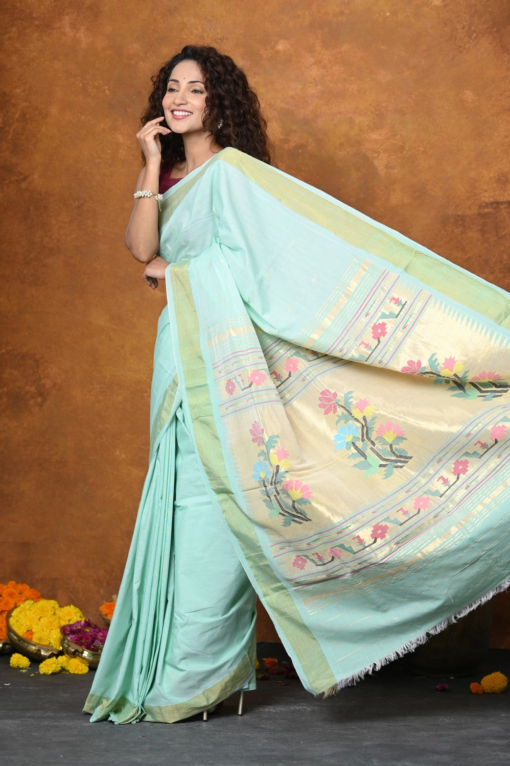 Very Much Indian EXCLUSIVE! Handloom Pure Cotton Paithani With Asawali Pallu - Light Blue | Swadesiicart