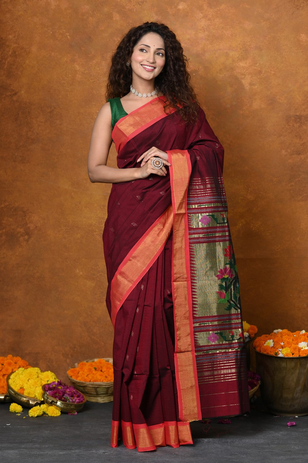 Very Much Indian EXCLUSIVE! Handloom Pure Cotton Paithani With Asawali Pallu - Dark Maroon | Swadesiicart