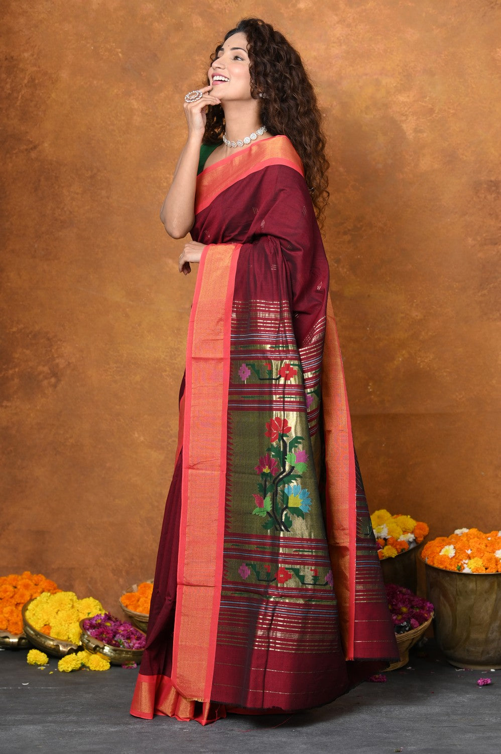 Very Much Indian EXCLUSIVE! Handloom Pure Cotton Paithani With Asawali Pallu - Dark Maroon | Swadesiicart