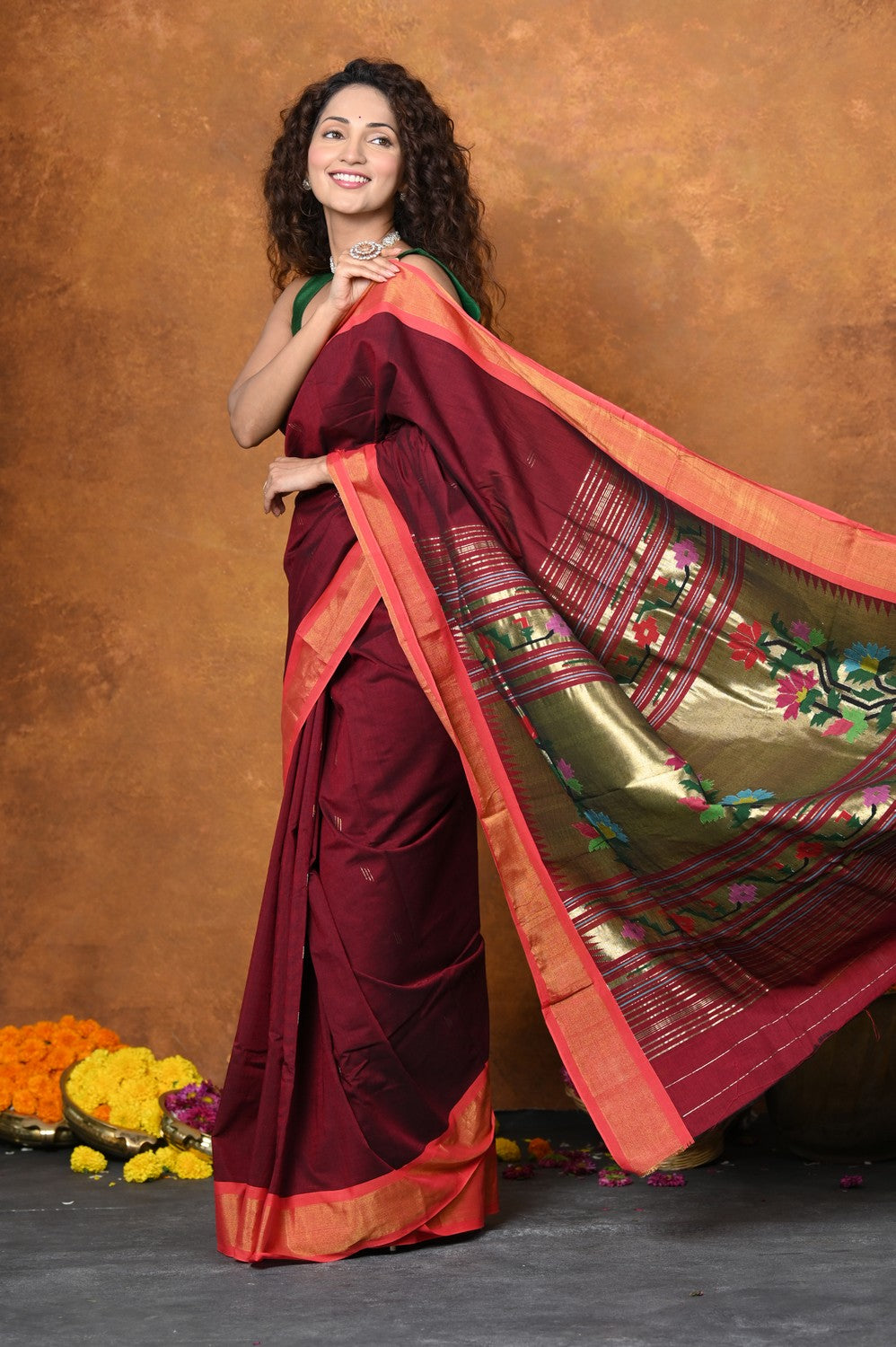 Very Much Indian EXCLUSIVE! Handloom Pure Cotton Paithani With Asawali Pallu - Dark Maroon | Swadesiicart