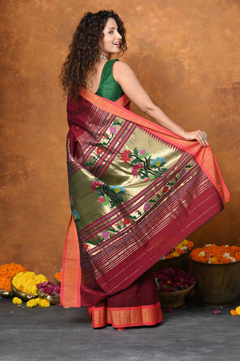Very Much Indian EXCLUSIVE! Handloom Pure Cotton Paithani With Asawali Pallu - Dark Maroon | Swadesiicart