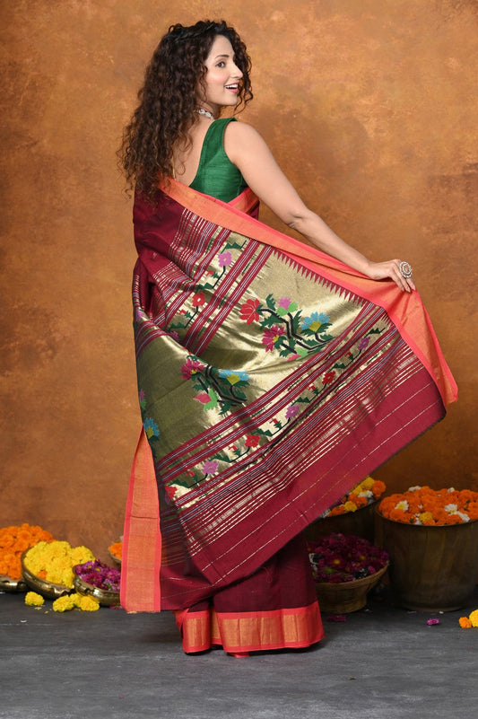 Very Much Indian EXCLUSIVE! Handloom Pure Cotton Paithani With Asawali Pallu - Dark Maroon | Swadesiicart