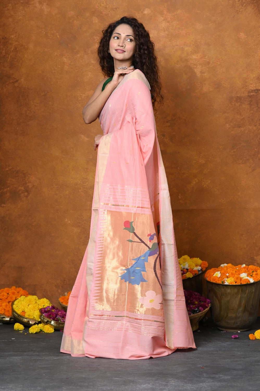Very Much Indian EXCLUSIVE! Handloom Pure Cotton Paithani With Peacock Pallu - Fresh Peach | Swadesiicart