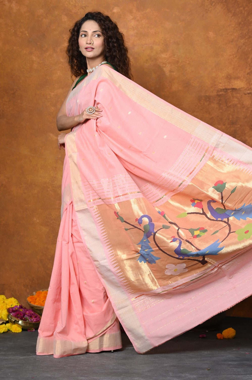 Very Much Indian EXCLUSIVE! Handloom Pure Cotton Paithani With Peacock Pallu - Fresh Peach | Swadesiicart