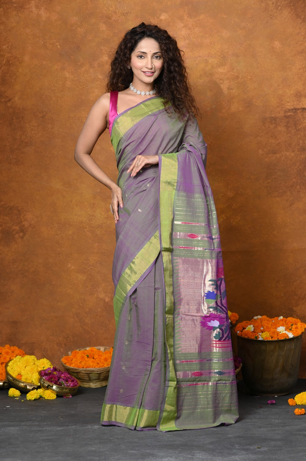 Very Much Indian EXCLUSIVE! Handloom Pure Cotton Paithani With Traditional Asawali Pallu - Dual Tone Green & Pink | Swadesiicart
