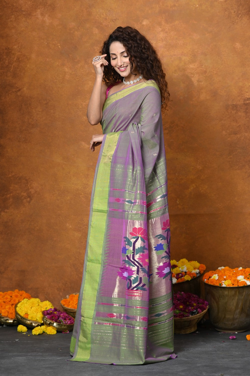 Very Much Indian EXCLUSIVE! Handloom Pure Cotton Paithani With Traditional Asawali Pallu - Dual Tone Green & Pink | Swadesiicart