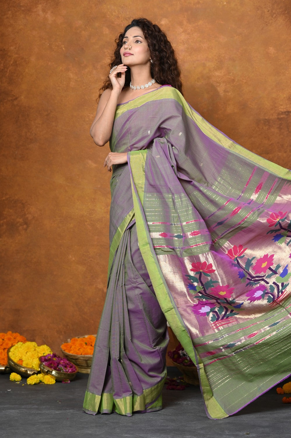 Very Much Indian EXCLUSIVE! Handloom Pure Cotton Paithani With Traditional Asawali Pallu - Dual Tone Green & Pink | Swadesiicart