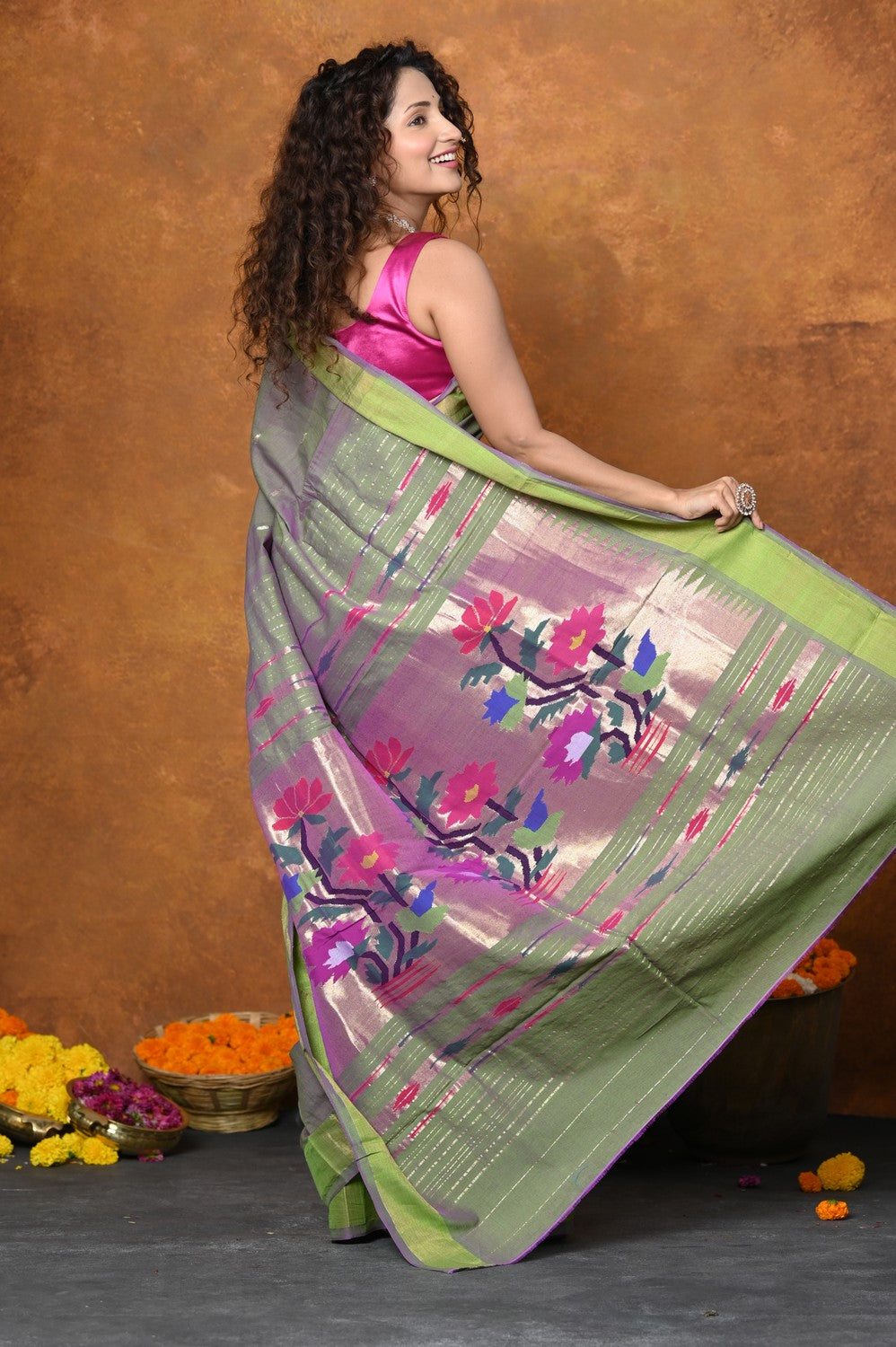 Very Much Indian EXCLUSIVE! Handloom Pure Cotton Paithani With Traditional Asawali Pallu - Dual Tone Green & Pink | Swadesiicart