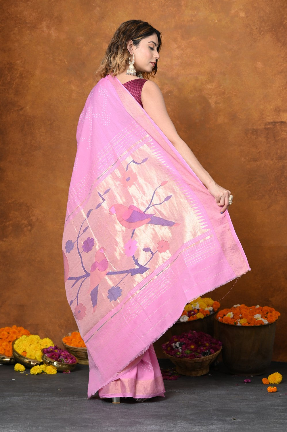 Very Much Indian EXCLUSIVE! Handloom Pure Cotton Paithani With Hand bandhani Work and Traditional Parrot Pallu | Swadesiicart