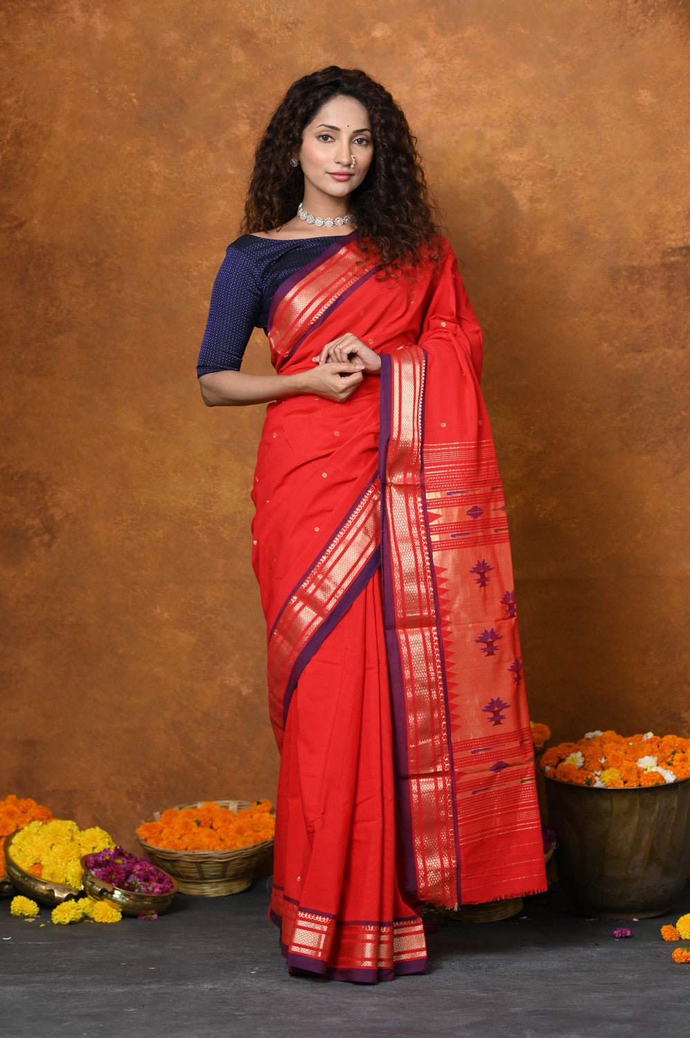 Very Much Indian EXCLUSIVE! Handloom Pure Cotton Paithani With Narayali Border & Traditional Heritage Asawali Pallu - Red | Swadesiicart