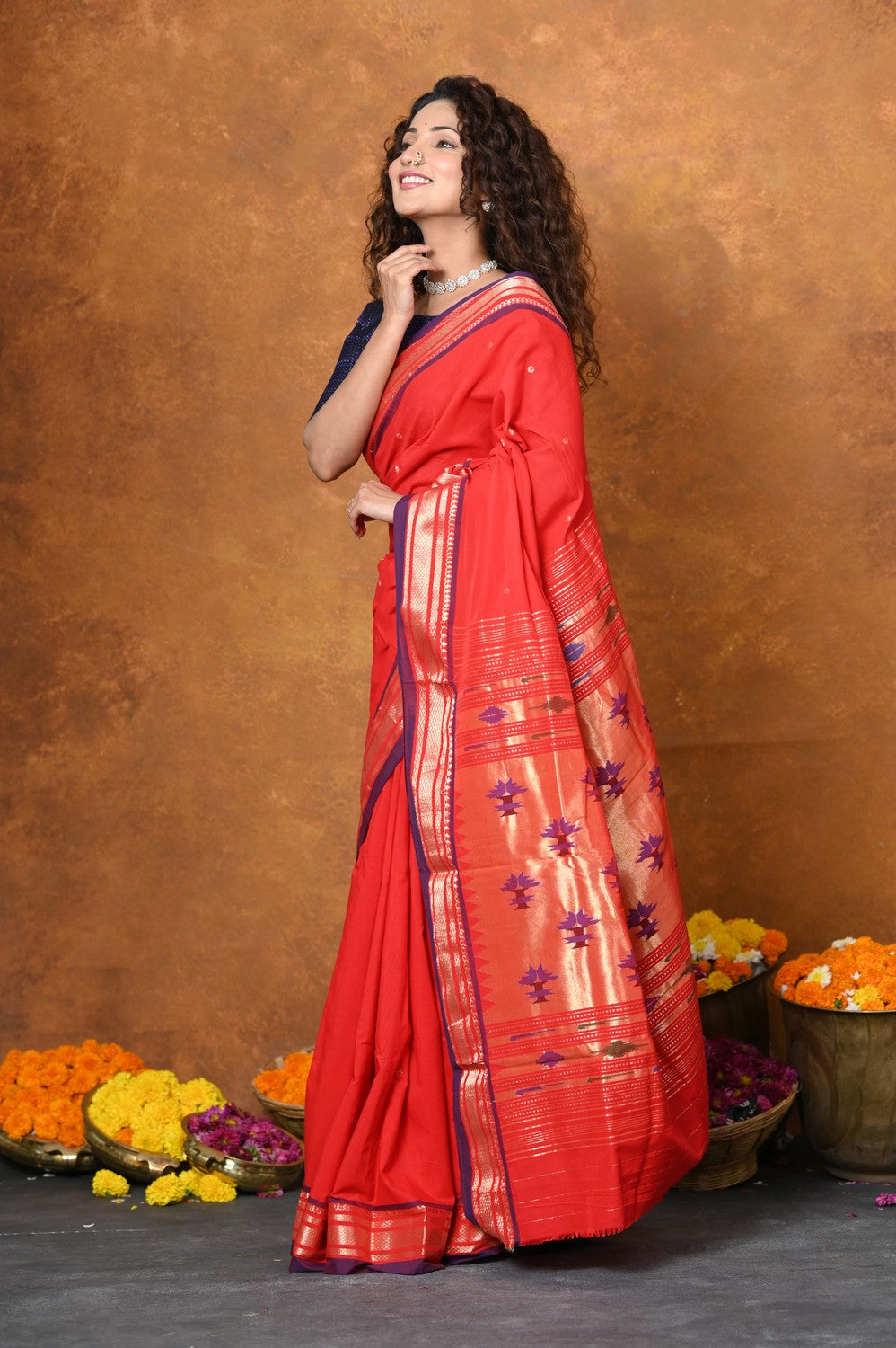 Very Much Indian EXCLUSIVE! Handloom Pure Cotton Paithani With Narayali Border & Traditional Heritage Asawali Pallu - Red | Swadesiicart