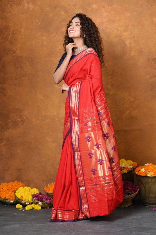 Very Much Indian EXCLUSIVE! Handloom Pure Cotton Paithani With Narayali Border & Traditional Heritage Asawali Pallu - Red | Swadesiicart