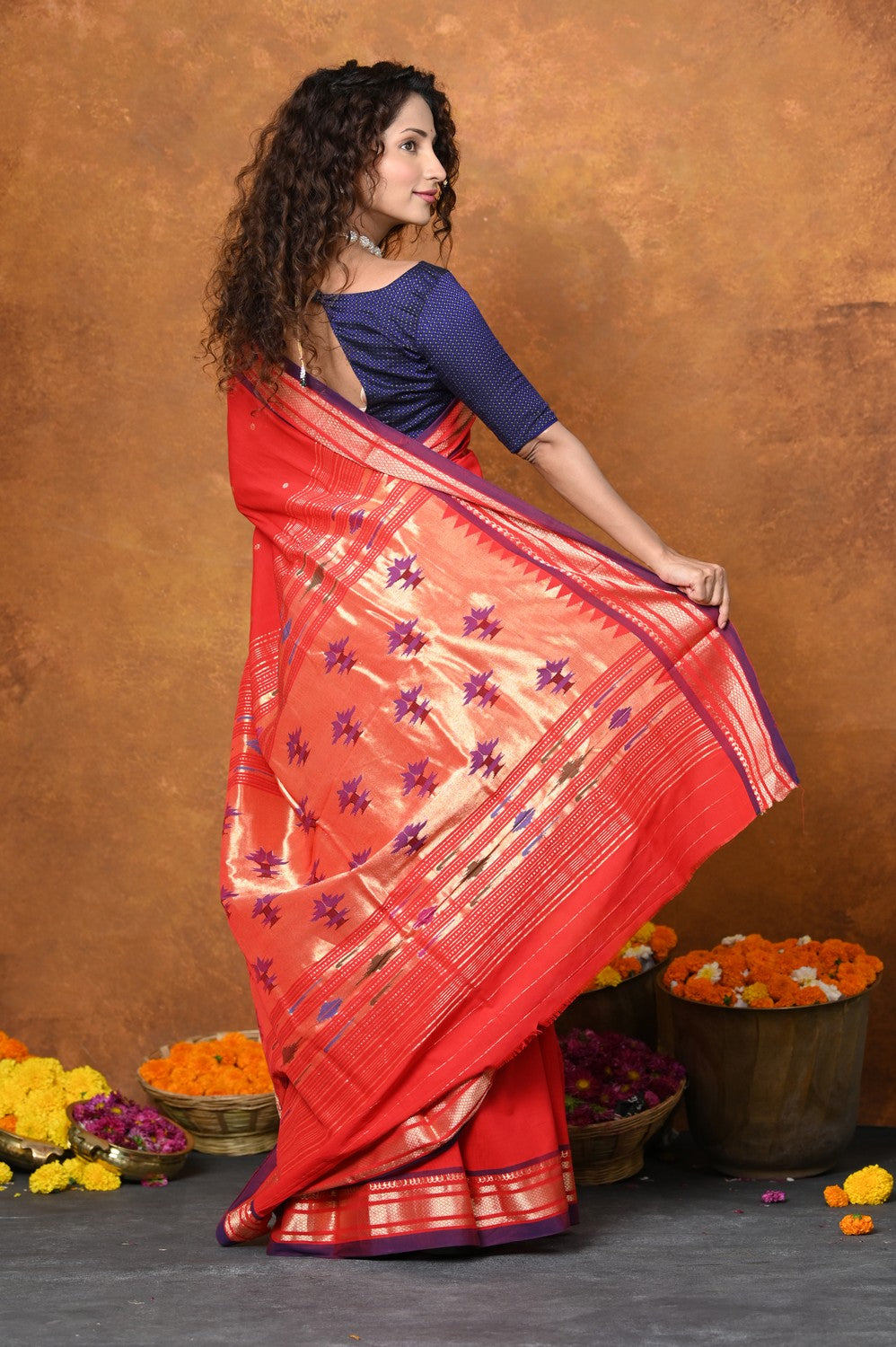 Very Much Indian EXCLUSIVE! Handloom Pure Cotton Paithani With Narayali Border & Traditional Heritage Asawali Pallu - Red | Swadesiicart