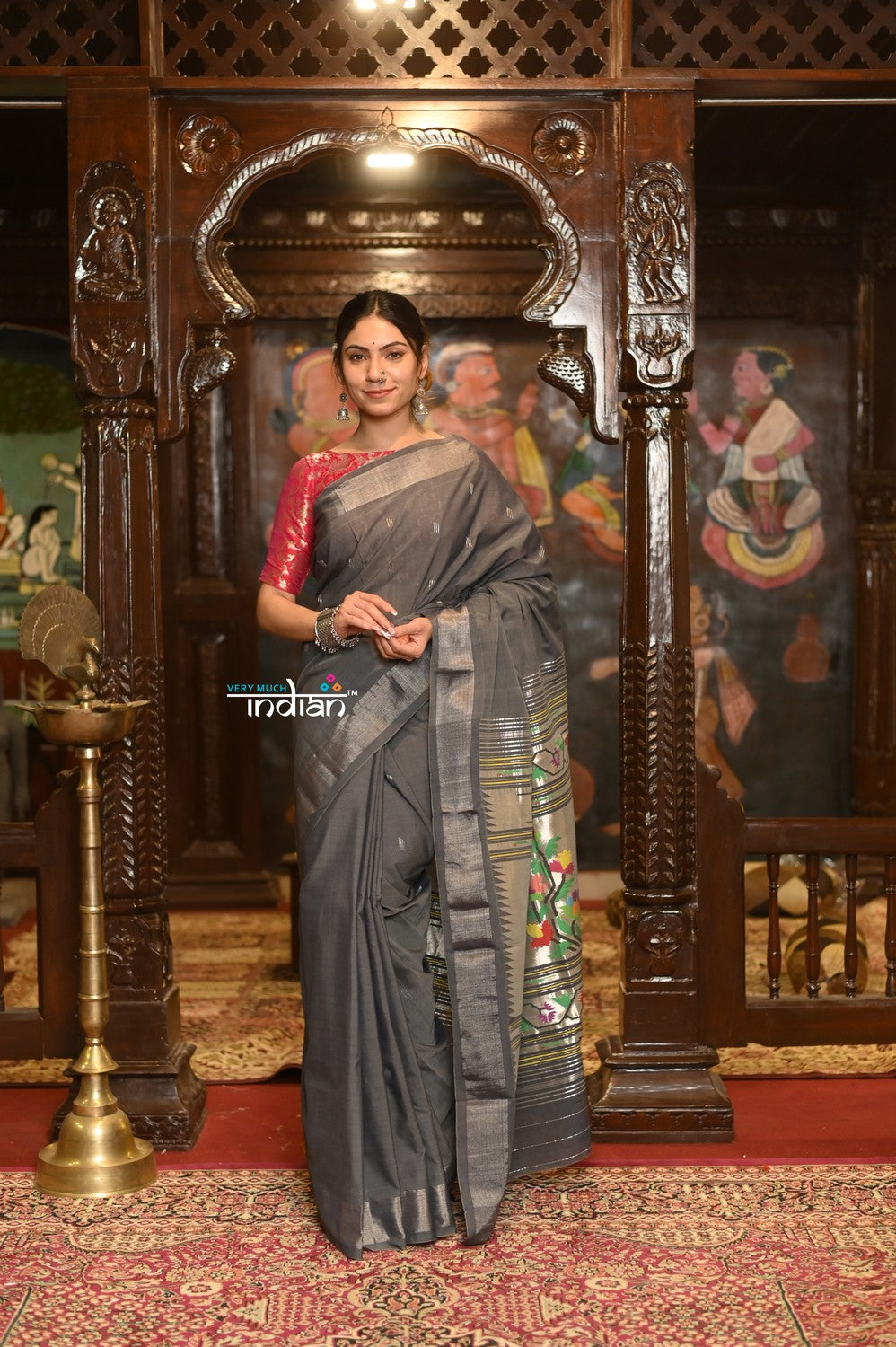 Very Much Indian Authentic Handloom Pure Cotton Paithani with Handcrafted Asawali Pallu - Grey Silver | Swadesiicart