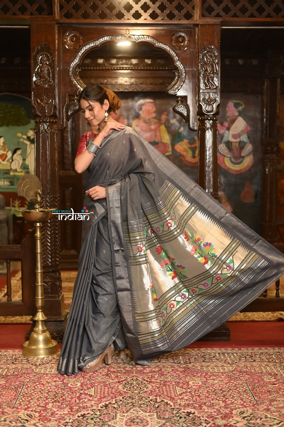 Very Much Indian Authentic Handloom Pure Cotton Paithani with Handcrafted Asawali Pallu - Grey Silver | Swadesiicart