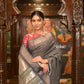 Very Much Indian Authentic Handloom Pure Cotton Paithani with Handcrafted Asawali Pallu - Grey Silver | Swadesiicart