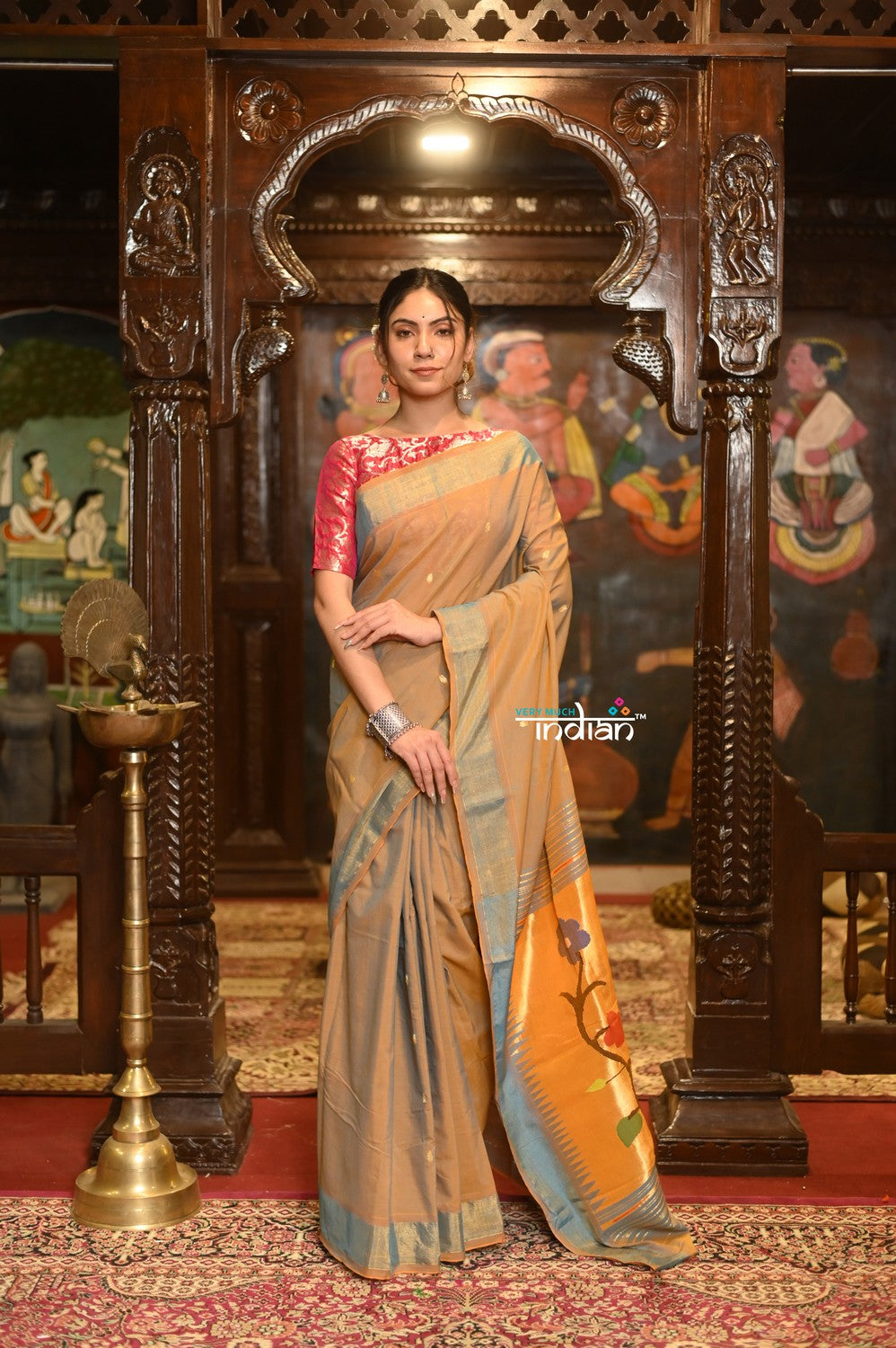 Very Much Indian Authentic Handloom Pure Cotton Paithani with Handcrafted Peacock Pallu - Powder Blue Gold | Swadesiicart