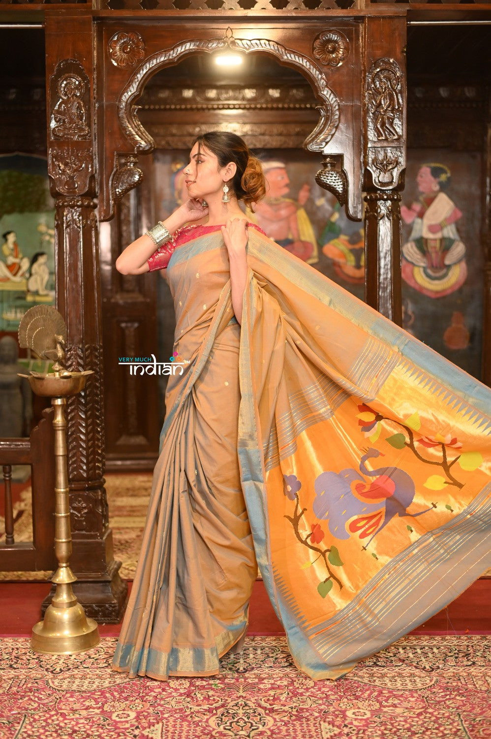 Very Much Indian Authentic Handloom Pure Cotton Paithani with Handcrafted Peacock Pallu - Powder Blue Gold | Swadesiicart