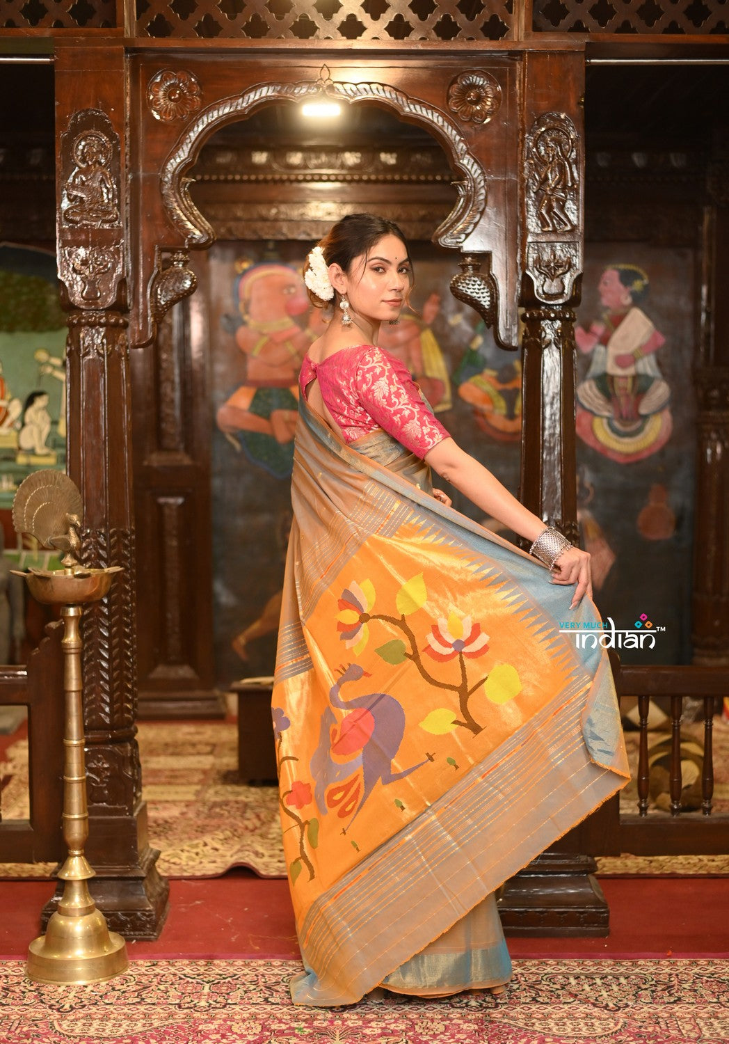 Very Much Indian Authentic Handloom Pure Cotton Paithani with Handcrafted Peacock Pallu - Powder Blue Gold | Swadesiicart