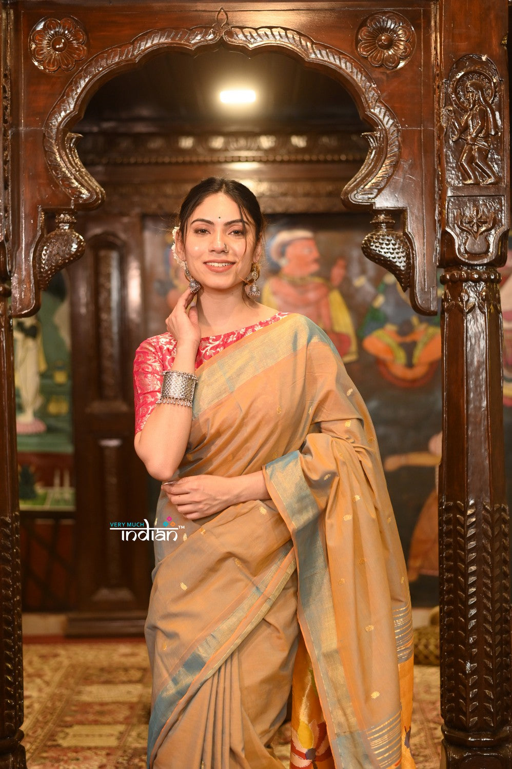 Very Much Indian Authentic Handloom Pure Cotton Paithani with Handcrafted Peacock Pallu - Powder Blue Gold | Swadesiicart